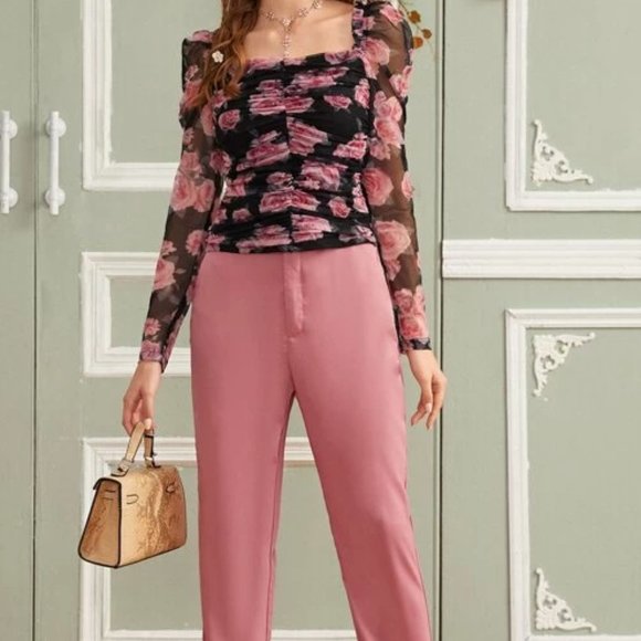 Pink/Black Floral Ruched Mesh Top in M & L - Picture 3 of 3